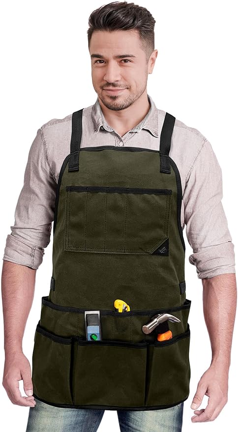 Under NY Sky Tool Apron - 20 Pockets and Slots, Cross-Back, Heavy-Duty Waxed Canvas - Woodwork, Garden, Shop (Green Cross-Back)