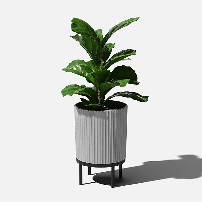 Veradek Demi Series Round Planter w/ Stand for Porch/Patio | Durable Plastic-Concrete & Wooden Stand | Modern Décor for Tall Plants, Flowers
