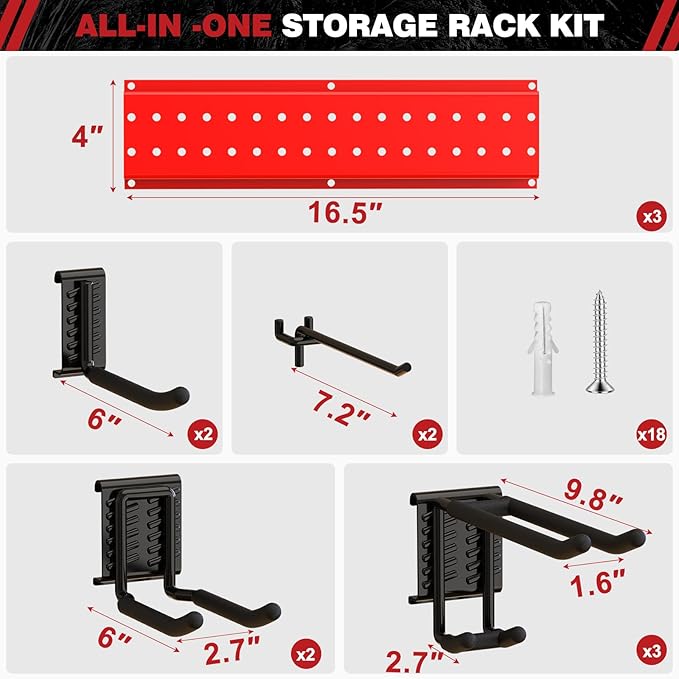 Garage Tool Organizer Wall Mount 49.5inch With 9 Hooks,Shovel Holder Wall Mount Ski Rck for Garage Garden Tool Rack Heavy Duty(Red)