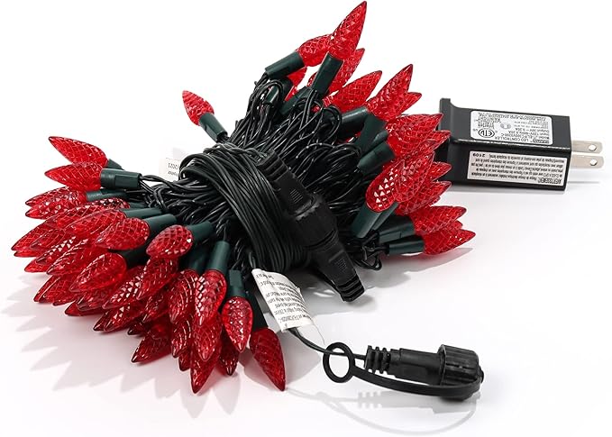 WATERGLIDE C6 Christmas Lights, 33ft 100 LED Faceted String Lights Green Wire Valentines Fairy Lights with 29V Adaptor, 8 Lighting Mode, Waterproof for Indoor Outdoor Patio Xmas Tree Party Decor, Red