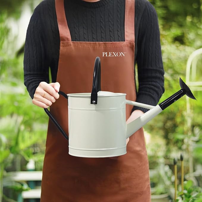 Plexon 1 Gallon Metal Watering Can Outdoor, Flower Plant Gardening Garden Large Watering Can Pot, Black Galvanized Steel Handles and Removable Spray Spout, Off-White