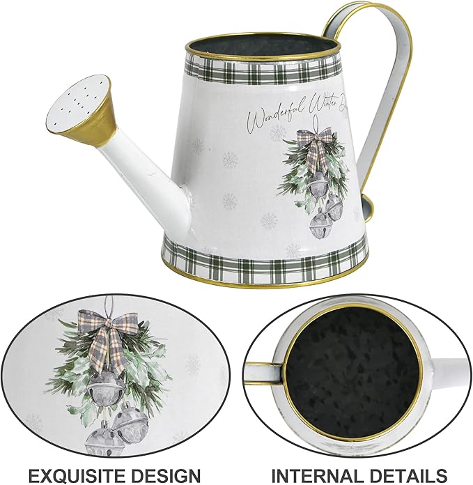 Vintage Metal Christmas Watering Can Decor - Wonderful Winter Days Design with Bell Wreath, Rustic Farmhouse Watering Pot Garden Decorative Planter for Holiday Home Mantel Tabletop Xmas Decor