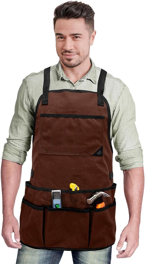 Under NY Sky Tool Apron - 20 Pockets and Slots, Cross-Back, Heavy-Duty Waxed Canvas - Woodwork, Garden, Shop (Brown Cross-Back)
