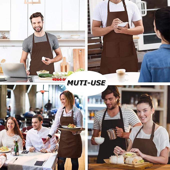4 Packs Chef Apron, Waterproof Apron, Adjustable Aprons with 2 Pockets for Men Women, Professional Aprons for Kitchen Cooking Gardening Painting Baking Restaurant (Coffee)