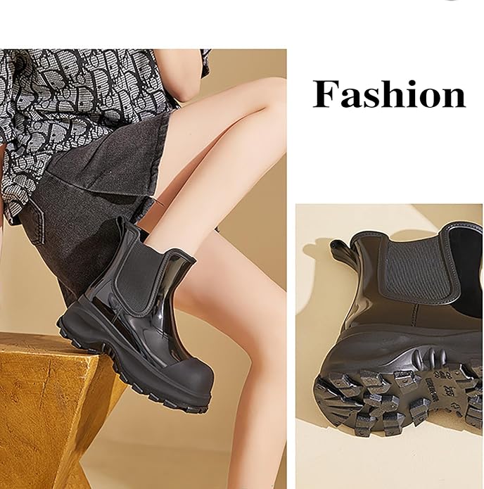 Women'S Waterproof Chunky Platform Chelsea Rain Boots Fashion Big Toe Comfort Slip-On Block Heel Outdoor Garden Work Ankle Boots Casual Lug Sole Non-Slip Combat Booties
