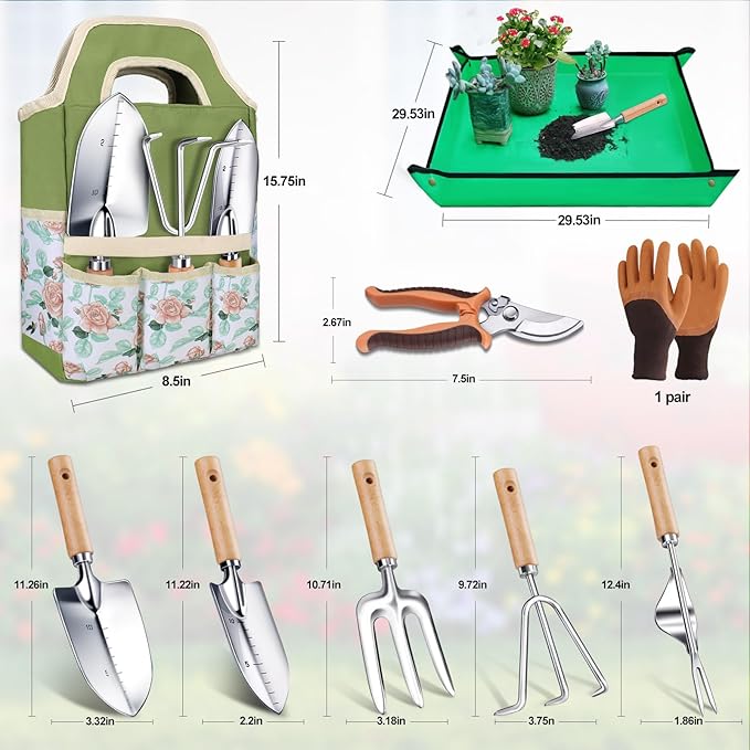 Kynup Gardening Tools, Garden Tools Set-9 Piece, Garden Hand Tool Kit with Cultivators, Thickened Stainless Steel, Rust-Proof, Gardening Supplies, Garden Stuff, Gifts for Women