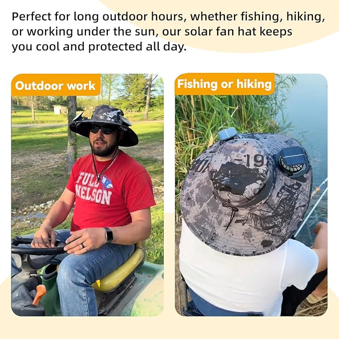 Solar Fan Hat Wide Edge Outdoor, Waterproof Solar Powered Fan Hat with 2 Solar Fan for Men Women, Lightweight Cooling Hats with Detachable and 3-Speed Adjustable Solar Fan Black