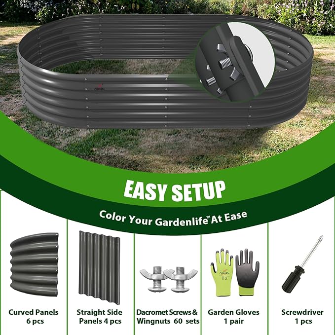 A ANLEOLIFE 8 Pcs 8X4X1.5 ft Oval Large Galvanized Raised Garden Beds Outdoor for Planting Vegetables Flowers Herb, Quartz Grey