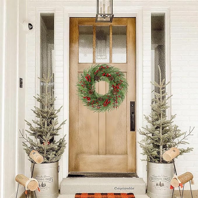 23 inch Norfolk Pine Wreath, Christmas Wreath for Front Door Christmas Door Wreaths with Red Berries Pine Cones Cedar Leaves Artificial Wreaths for Xmas Indoor Outdoor Decorations