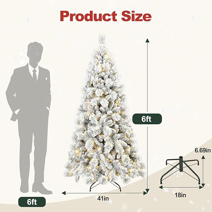 6 Ft Pre-Lit Snow Flocked Artificial Christmas Tree with 350 Warm LED Lights, Premium Holiday Xmas Tree with 752 Realistic Branch Tips, Metal Stand for Indoor Home/Office Decor (Easy Assembly)