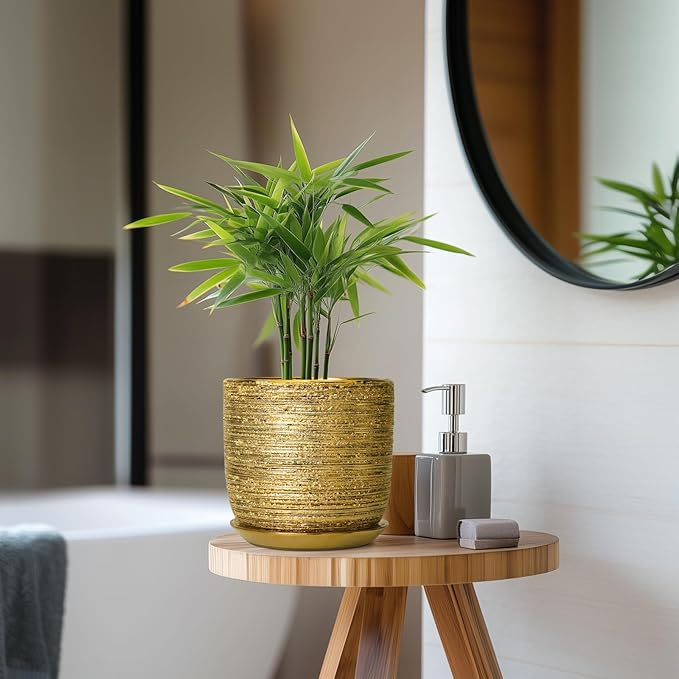 Ceramic Plant Pot 7 Inch - Ceramic Planter for Indoor Outdoor Plants, Round Modern Flower Pot with Drainage Hole and Saucer, Housewarming Gifts, House Patio Office Home Decor, Gold