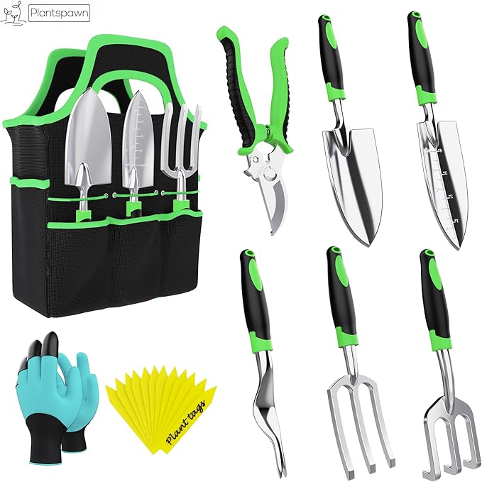 8 PCS Gardening Tools Set with Bag | Heavy-Duty Rust-Proof Hand Tools with Plastic Handles Includes 15 Plant Tags | Ideal Gift for Women, Men, Mom, Dad & Gardeners