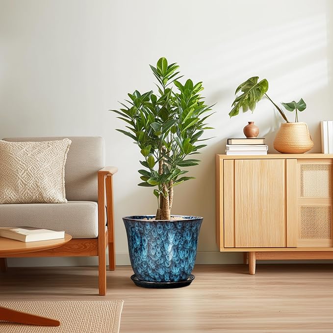 Ceramic Plant Pots - 12 Inch Pots for Plants Indoor Outdoor, Large Round Planter with Drainage Hole and Saucer, Modern Decorative Flower Pot, Home Garden Decor, House Warming Gifts, Blue