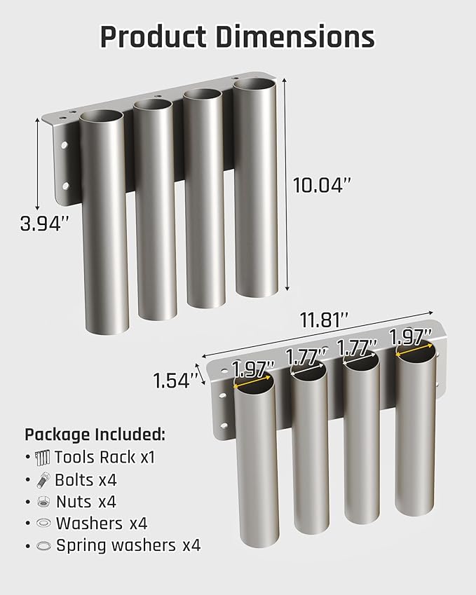 Wyckoff Heavy Duty 4-Hole Shovel Holder for Truck Bed & Trailer, Commercial Grade Steel Rack for Rake & Shovel, Secure Tool Box Mount Prevents Highway Loss for Landscaper, Gardener & Contractor