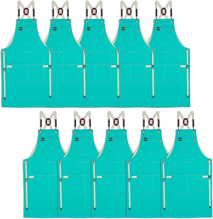 10 Pack Kitchen Aprons, Work Apron, Canvas, Multiple Pockets, Gardening, Painting, BBQ, Artist, Carpenter, Sizes M to XXL, Ice Blue