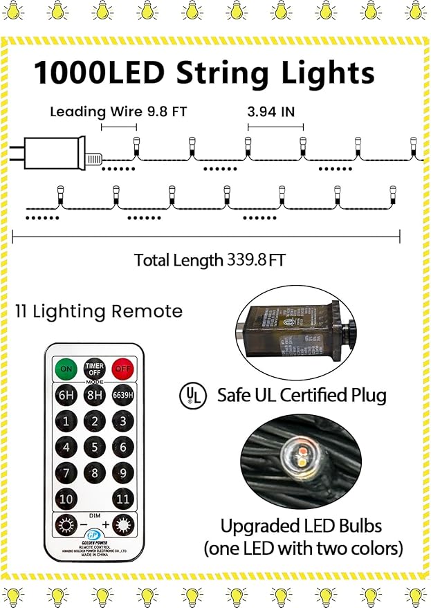 1000 LED 330 FT Color Changing Christmas Lights with 11 Lighting Modes, Fairy String Lights with Remote, Timer & Memory Function Waterproof for Xmas Tree Holiday Party Decor(Warm White & Multicolor)