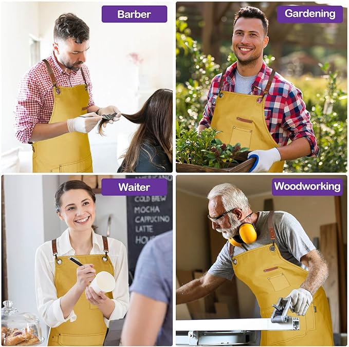 Genixart Chef Apron for Men Women with Pockets, Canvas Aprons for Kitchen Cooking, Artist Painting, Work Apron for Server (Yellow, 6 Pack)