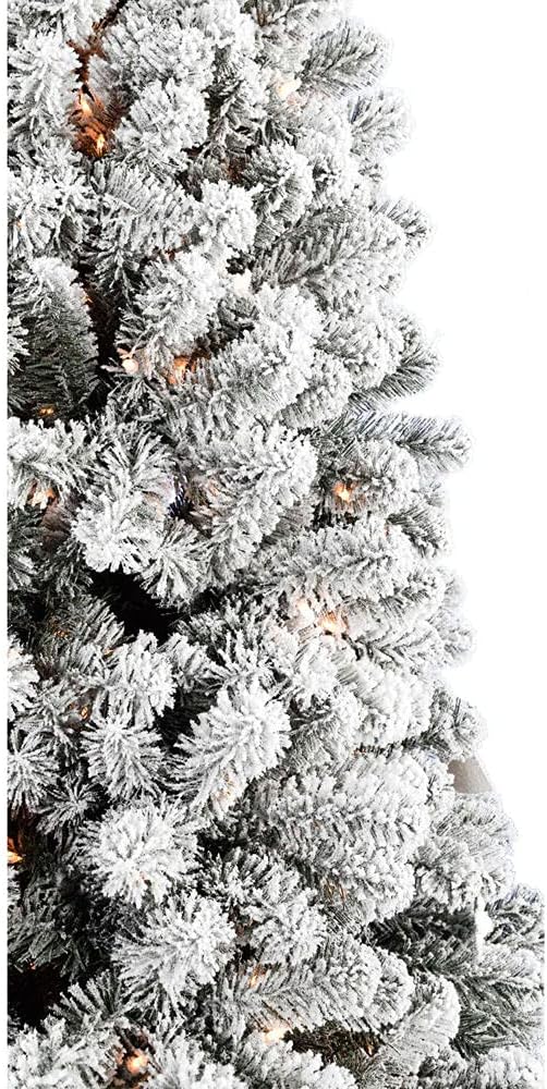 Fraser Hill Farm Alaskan Flocked Christmas Tree, 9 Feet Tall, Faux Tree with White Incandescent Smart Lights, Lights with Easy to Connect and Set up Features, Modern Holiday Décor