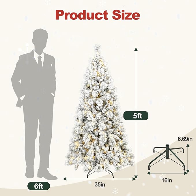 5 Ft Pre-Lit Snow Flocked Artificial Christmas Tree with 250 Warm LED Lights, Premium Holiday Xmas Tree with 518 Realistic Branch Tips, Metal Stand for Indoor Home/Office Decor (Easy Assembly)