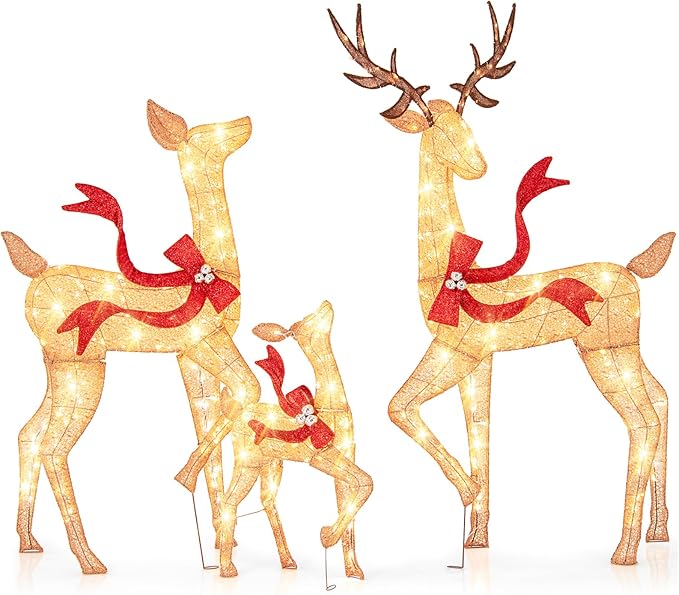 Tangkula 3-Piece Lighted Christmas Reindeer Family Set, 6 FT Xmas Lighted Deer Decorations with 440 Warm White LED Lights & Stakes, Indoor & Outdoor Holiday Decor for Front Yards Garden Lawn Patio