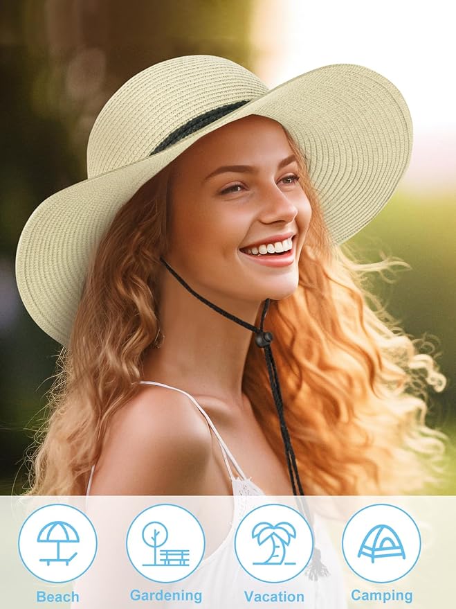 Senker Fashion Sun Hats for Women, Wind Lanyard Wide Brim Straw Hat for Summer Beach Garden Vacation Foldable UPF 50+