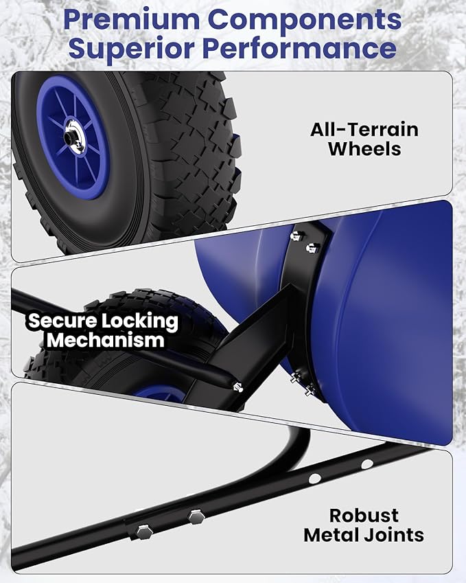 36" Snow Pusher Shovel with Wheels, Adjustable Ergonomic U-Handle Snow Plow for Driveway, Heavy Duty Wheeled Rolling Shovels for Driveway and Sidewalks with Angeled Blade