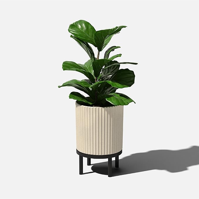 Veradek Demi Series Round Planter w/ Stand for Porch/Patio | Durable Plastic-Concrete & Wooden Stand | Modern Décor for Tall Plants, Flowers