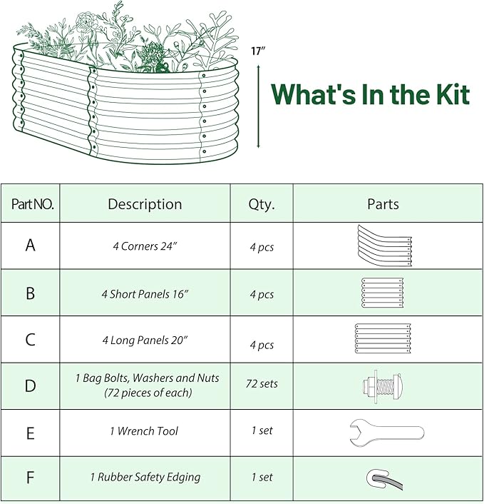 Olle 17" Tall Raised Garden Bed Kit Fruits Vegetables Flowers Planter Box 12-in-1 Galvanized Planter Boxes for Outdoors Size 5X5 Feets 8X2 Feets, Midnight Grey 17" Tall
