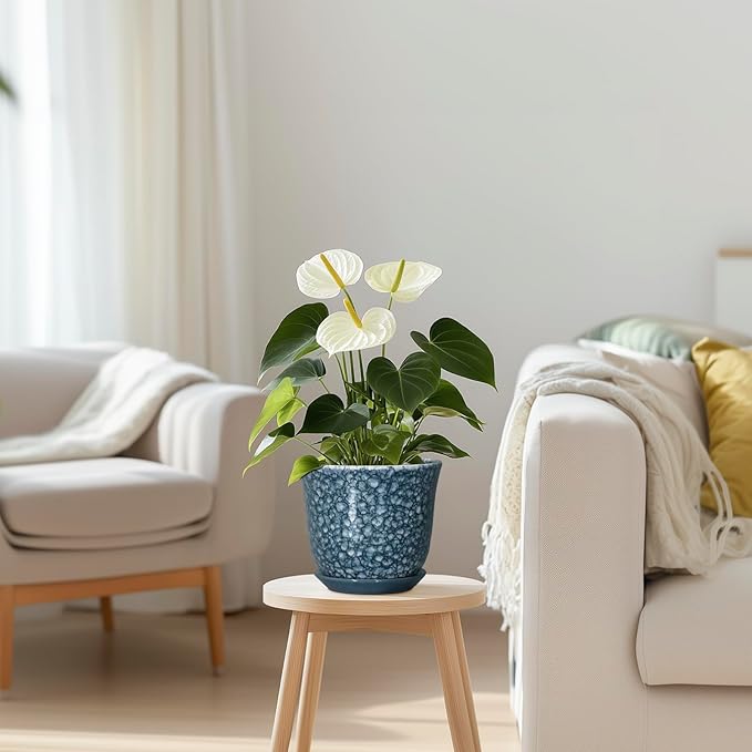 Ceramic Pots for Plants - 5.6 Inch Plant Pot for Indoor Outdoor, Round Succulent Orchid Pot with Drainage Hole and Saucer, Modern Small Flower Pot, Room Home Decor, Plant Lover Gifts, Blue