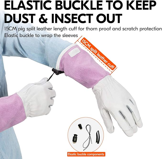 Vgo... 1-Pair Premium Genuine Goat Leather Extra-Long Cuff Thornproof Gardening Gloves (Size L, Pink White, GA1013)