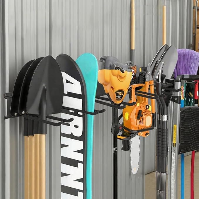 Garage Tool Organizer Wall Mount 32in- 4 Heavy Duty Hooks,240lbs Capacity, Garage Organization & Storage Rack for Broom, Rake & Snow Equipment - Tool Organizer & Men’s Gift Choice