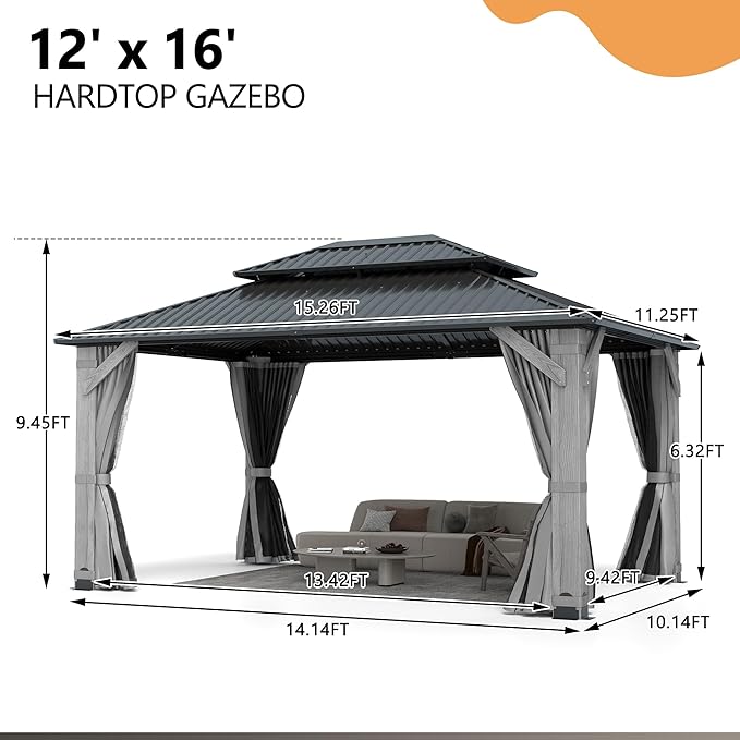 12'x16' Hardtop Wood Gazebo, Outdoor Double Roof Galvanized Steel Top Gazebo with Wooden Post, Curtains & Netting for Backyard, Patio, Deck (12x16 FT)