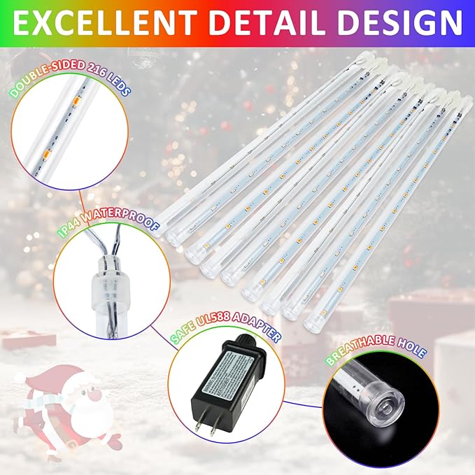 2-Pack Extendable Meteor Shower Christmas Lights Outdoor, 16 Tubes 384 LEDs Waterproof Falling Rain String Light, Christmas String Lights Outdoor for Tree Garden Patio Holiday Decorations (Multicolor)