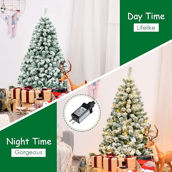 Happygrill 4.5FT Pre-lit Artificial Hinged Christmas Pine Tree Snow Flocked Christmas Tree with Solid Metal Stand Flexible Branches Traditional Festival Decoration Tree