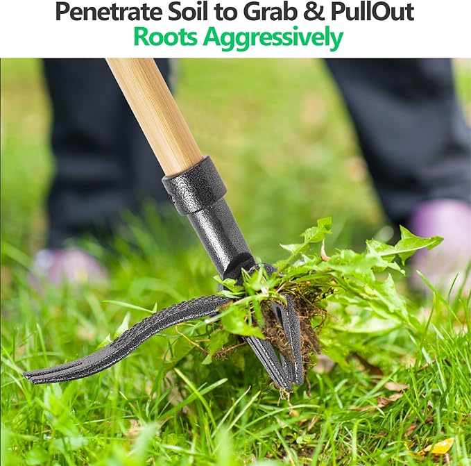 BellaJoyz Weed Puller, Stand Up Weed Puller Tool with Long Handle & 4-Claw Steel Head, 3-Sectioal Pole Design, Garden Hand Weeding Tool - Easily Remove Weeds Without Bending, Pulling,or Kneeling