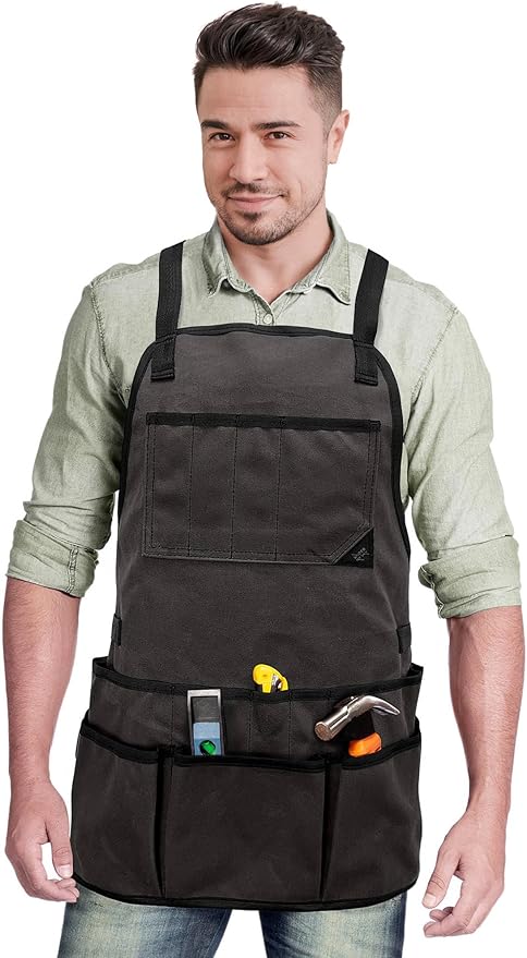 Under NY Sky Tool Apron - 20 Pockets and Slots, Cross-Back, Heavy-Duty Waxed Canvas - Woodwork, Garden, Shop (Grey Cross-Back)