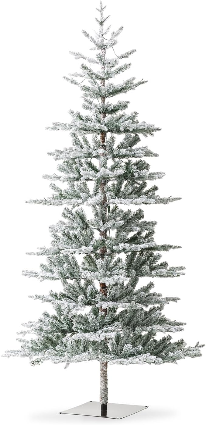 Glitzhome 8ft Deluxe Pre-Lit Flocked Artificial Christmas Tree, Majestic Frostfall Fir Hinged Holiday Xmas Tree with 450 Warm White Lights, Three Function, Easy Assembly