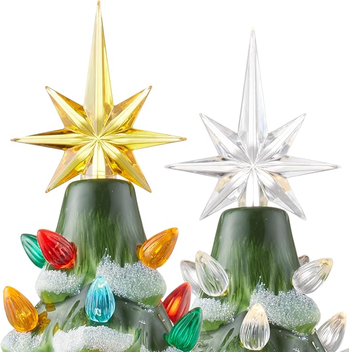Casafield Hand Painted Ceramic Christmas Tree, Green Snow Flocked 12-Inch Pre-Lit Tree with 100 Multi Color Lights and 2 Star Toppers