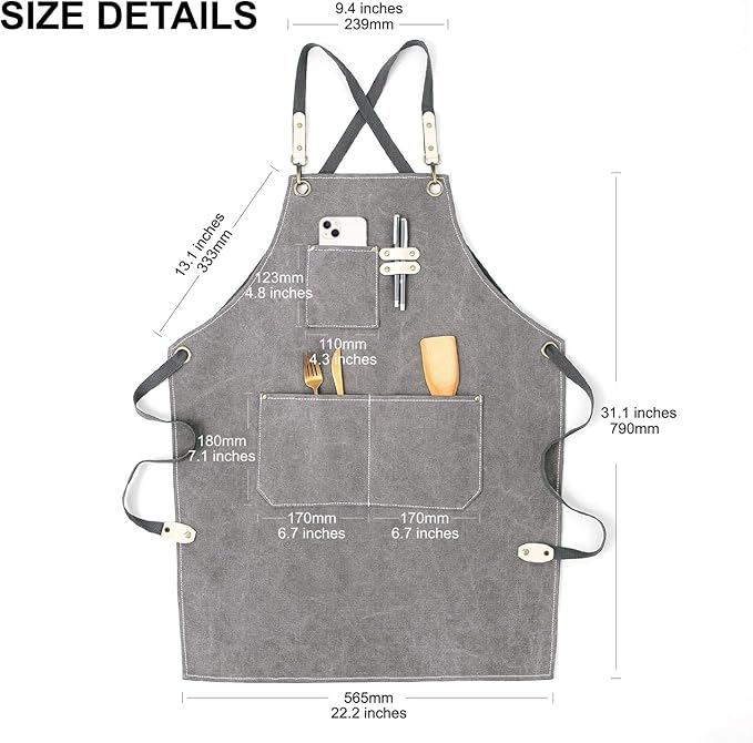 Cotton Canvas Cross Back Apron for Art Painting Garden Chef Bartender Work,Women Men 3 Pockets Waterproof Adjustable M-XXL