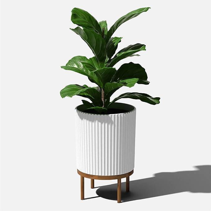 Veradek Demi Series Round Planter w/ Stand for Porch/Patio | Durable Plastic-Concrete & Wooden Stand | Modern Décor for Tall Plants, Flowers
