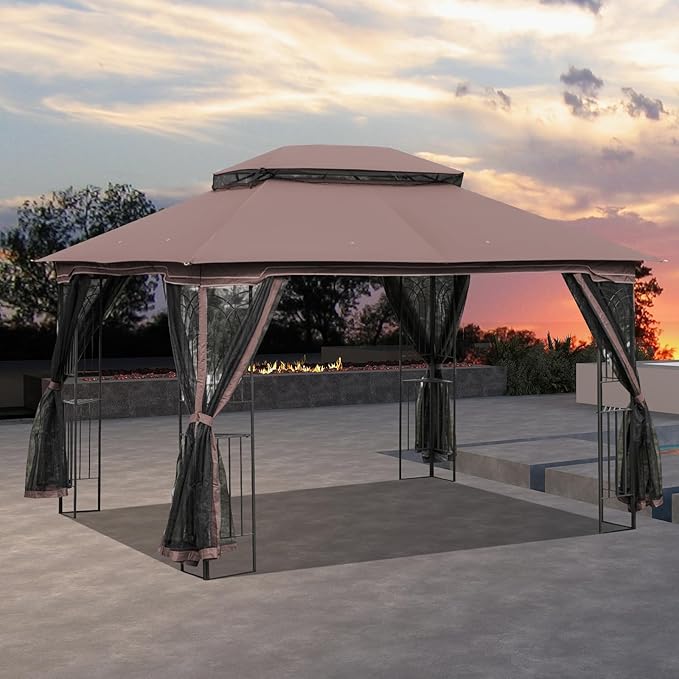 ECOTOUGE 10' X 13' Outdoor Gazebo, Soft Double Roof Canopy Tent with Mosquito Netting, Party Tent Shelter with Corner Frame Shelves for Patio, Backyard, Deck, Brown