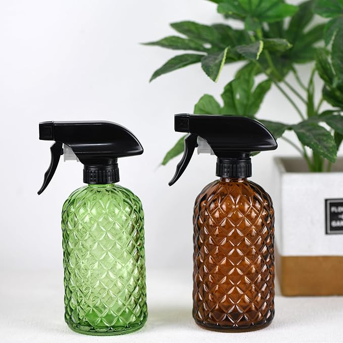 12Oz Glass Plant Spray Bottle, Gem Pattern Glass Sprayer, Watering Can with Black Plastic Top Pump, Handheld Watering Can for Indoor Outdoor Potted Plants and Greenery (Green)