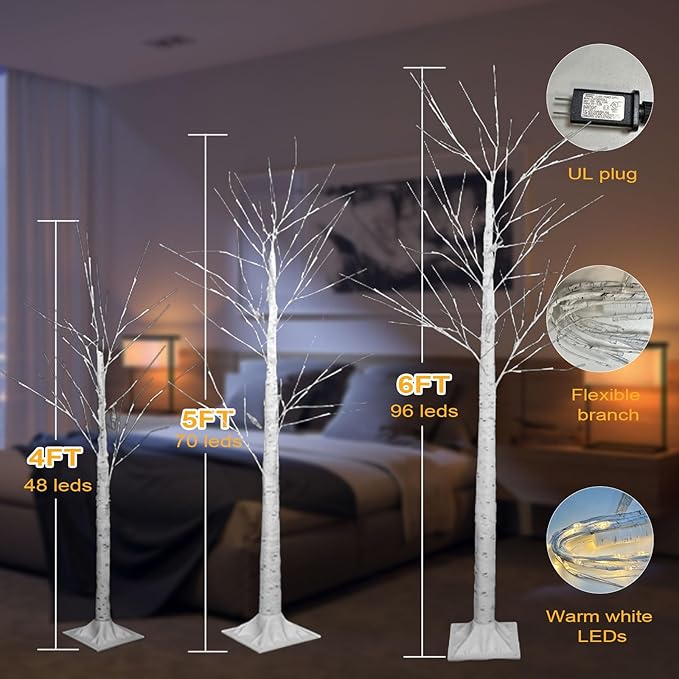 3PACK Lighted Birch Tree 4FT 5FT and 6FT, Smart White Christmas Tree with Lights with APP Home Decor, Warm White, Timing, Dimmer, Group Control, Music Sync, Holiday Decor Indoor/Outdoor Use