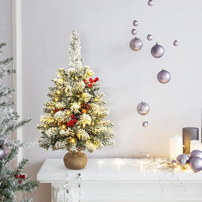 Uten Christmas Tree Flocking Snow Small Pine Cones/red Fruits, 50 LED Waterproof Battery Box with Cement Base Mini Christmas Tree Decorations for Home, Office, Party