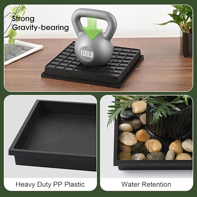 NATSUKY Square Plant Saucer 4 Pack 8 10 12 14 Inch Plant Trays for Indoors Heavy Duty Plastic Flower Plants Saucers for Pots Outdoors No Holes Drip