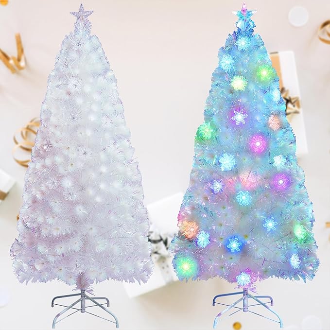 Juegoal 5ft Pre-Lit Artificial Christmas Tree, Lighted Optical Fiber Xmas Trees with Color Changing LED Lights, Snowflakes & Top Star, Party Home Holiday Fake Multicolored Tree with Metal Legs, White