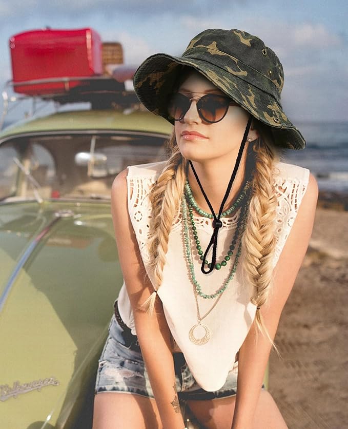 Men's Bucket Hat Camo Outdoor Sun Protection, Breathable Quick-Dry Fishing Gardening Hiking Hat ,UPF50+ Cotton Wide Brim