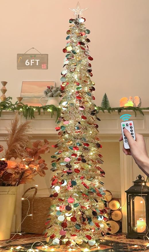 HMASYO 6 FT Pop Up Christmas Tree with 100 LED Lights & Remote, Silver Christmas Tinsel Tree, Collapsible Artificial Pencil Tree for Home Office Party Decor, USB Powered Timer Lights, Easy Assembly