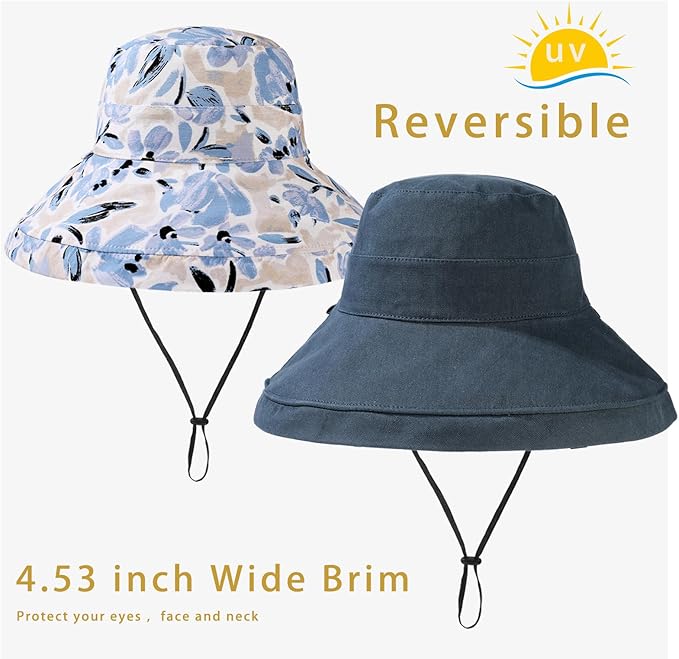 vidsel Womens Sun Hats Wide Brim Reversible Bucket Cotton Hat Packable Summer Travel Cap with Hat Clip,UV Protection