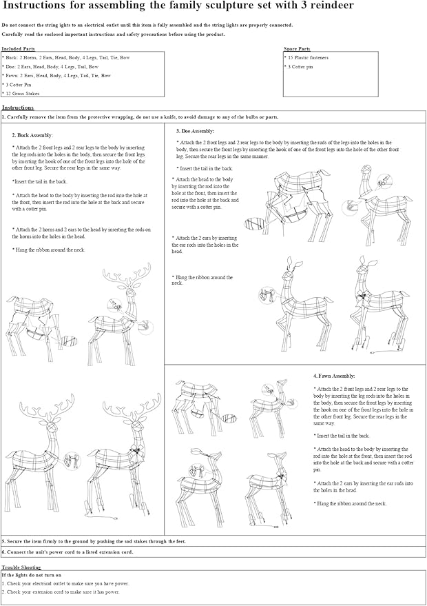 YULETIME 3-Piece Pre-lit 2D Christmas Reindeer Family, Lighted Glitter Christmas Deer Holiday Decoration with Warm White LED Lights
